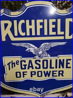 Vintage Richfield Porcelain Sign Gas Station Motor Oil Service Garage Shield