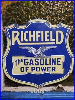 Vintage Richfield Porcelain Sign Gas Station Motor Oil Service Garage Shield