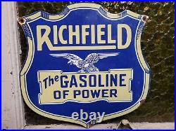 Vintage Richfield Porcelain Sign Gas Station Motor Oil Service Garage Shield