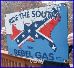 Vintage Ride The South With Rebel Gas Porcelain Sign Southern Dixie'usa 53' Al