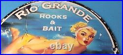 Vintage Rio Grande Sign Hooks, Bait, Tackle, Lures, Fish Minnow Gas Pump Sign