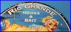 Vintage Rio Grande Sign Hooks, Bait, Tackle, Lures, Fish Minnow Gas Pump Sign