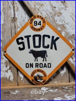 Vintage Rocky Mountain Motorists Porcelain Sign Old Colorado Highway Cow Cattle