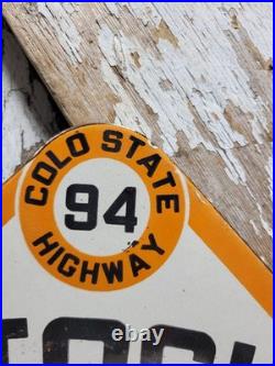 Vintage Rocky Mountain Motorists Porcelain Sign Old Colorado Highway Cow Cattle