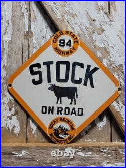 Vintage Rocky Mountain Motorists Porcelain Sign Old Colorado Highway Cow Cattle