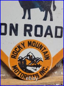Vintage Rocky Mountain Motorists Porcelain Sign Old Colorado Highway Cow Cattle