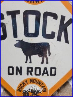 Vintage Rocky Mountain Motorists Porcelain Sign Old Colorado Highway Cow Cattle