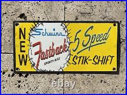 Vintage SCHWINN Porcelain Sign Fast Back Bicycle Stik Shift Rare Sport Gas Oil