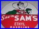 Vintage-Sav-n-Sam-s-Ethyl-Gasoline-Cowboy-Money-11-3-4-Porcelain-Metal-Oil-Sign-01-ax