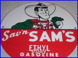 Vintage Sav'n Sam's Ethyl Gasoline Cowboy Money 11 3/4 Porcelain Metal Oil Sign