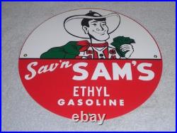 Vintage Sav'n Sam's Ethyl Gasoline Cowboy Money 11 3/4 Porcelain Metal Oil Sign