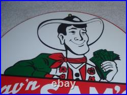 Vintage Sav'n Sam's Ethyl Gasoline Cowboy Money 11 3/4 Porcelain Metal Oil Sign