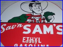 Vintage Sav'n Sam's Ethyl Gasoline Cowboy Money 11 3/4 Porcelain Metal Oil Sign