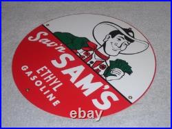 Vintage Sav'n Sam's Ethyl Gasoline Cowboy Money 11 3/4 Porcelain Metal Oil Sign