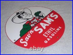 Vintage Sav'n Sam's Ethyl Gasoline Cowboy Money 11 3/4 Porcelain Metal Oil Sign
