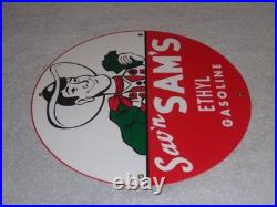 Vintage Sav'n Sam's Ethyl Gasoline Cowboy Money 11 3/4 Porcelain Metal Oil Sign