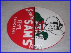 Vintage Sav'n Sam's Ethyl Gasoline Cowboy Money 11 3/4 Porcelain Metal Oil Sign