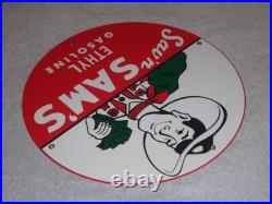 Vintage Sav'n Sam's Ethyl Gasoline Cowboy Money 11 3/4 Porcelain Metal Oil Sign