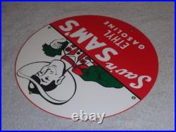 Vintage Sav'n Sam's Ethyl Gasoline Cowboy Money 11 3/4 Porcelain Metal Oil Sign