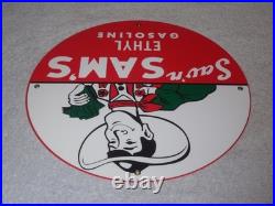 Vintage Sav'n Sam's Ethyl Gasoline Cowboy Money 11 3/4 Porcelain Metal Oil Sign
