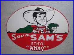 Vintage Sav'n Sam's Ethyl Gasoline Cowboy Money 11 3/4 Porcelain Metal Oil Sign
