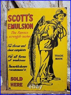 Vintage Scotts Emulsion Porcelain Sign Old Heatlh Re. Eby Medicine Fishing Fish