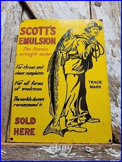 Vintage Scotts Emulsion Porcelain Sign Old Heatlh Re. Eby Medicine Fishing Fish