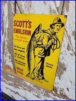 Vintage Scotts Emulsion Porcelain Sign Old Heatlh Re. Eby Medicine Fishing Fish