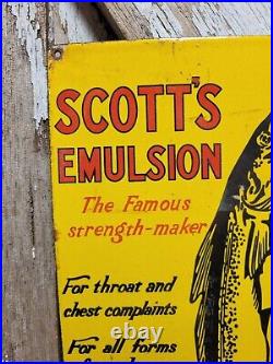 Vintage Scotts Emulsion Porcelain Sign Old Heatlh Re. Eby Medicine Fishing Fish