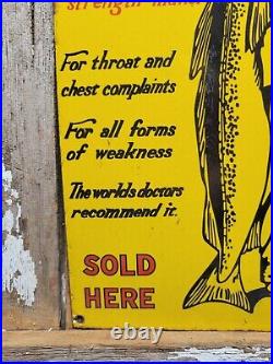 Vintage Scotts Emulsion Porcelain Sign Old Heatlh Re. Eby Medicine Fishing Fish