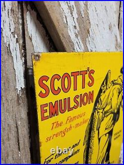 Vintage Scotts Emulsion Porcelain Sign Old Heatlh Re. Eby Medicine Fishing Fish