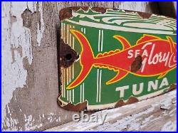 Vintage Sea Glory Porcelain Sign Old Tuna Fish Factory Diecut Fisherman Gas Oil