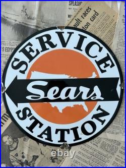 Vintage Sears Service Station Auto Dealer Gas Oil 12 Inch Porcelain Enamel Sign