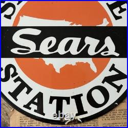 Vintage Sears Service Station Auto Dealer Gas Oil 12 Inch Porcelain Enamel Sign