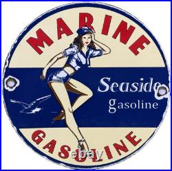 Vintage Seaside Gasoline Pin Up Porcelain Sign Gas Station Motor Oil Pump Plate