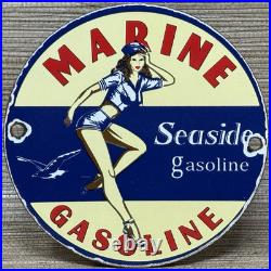 Vintage Seaside Gasoline Pin Up Porcelain Sign Gas Station Motor Oil Pump Plate