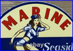 Vintage Seaside Gasoline Pin Up Porcelain Sign Gas Station Motor Oil Pump Plate