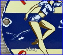Vintage Seaside Gasoline Pin Up Porcelain Sign Gas Station Motor Oil Pump Plate