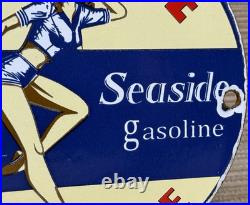 Vintage Seaside Gasoline Pin Up Porcelain Sign Gas Station Motor Oil Pump Plate