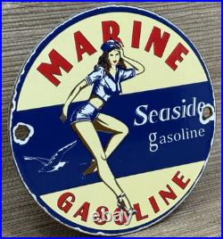 Vintage Seaside Gasoline Pin Up Porcelain Sign Gas Station Motor Oil Pump Plate