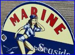 Vintage Seaside Gasoline Pin Up Porcelain Sign Gas Station Motor Oil Pump Plate