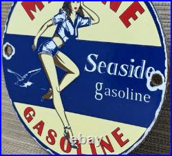 Vintage Seaside Gasoline Pin Up Porcelain Sign Gas Station Motor Oil Pump Plate