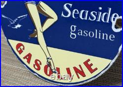 Vintage Seaside Gasoline Pin Up Porcelain Sign Gas Station Motor Oil Pump Plate