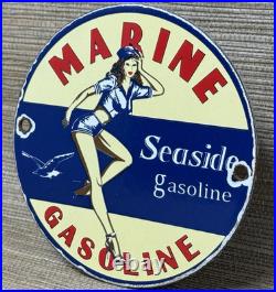 Vintage Seaside Gasoline Pin Up Porcelain Sign Gas Station Motor Oil Pump Plate