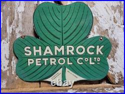Vintage Shamrock Petrol Porcelain Sign Old 2-sided Clover Diecut Gas Station 14