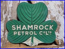 Vintage Shamrock Petrol Porcelain Sign Old 2-sided Clover Diecut Gas Station 14