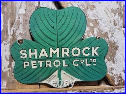 Vintage Shamrock Petrol Porcelain Sign Old 2-sided Clover Diecut Gas Station 14
