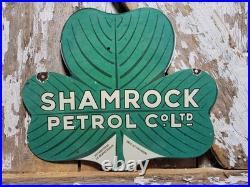 Vintage Shamrock Petrol Porcelain Sign Old 2-sided Clover Diecut Gas Station 14