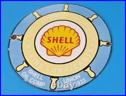 Vintage Shell Gasoline Porcelain Marine Lubricants Gas Service Station Pump Sign