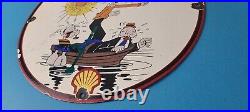 Vintage Shell Gasoline Sign Popeye Sailor Gas Pump Mechanic Porcelain Sign